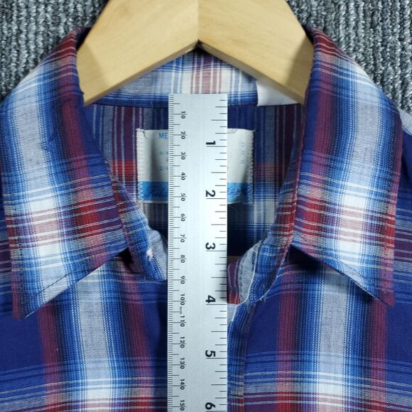 Vintage Sears Fieldmaster Shirt Mens Medium Blue Plaid Flannel Perma Prest 80s - Picture 9 of 14